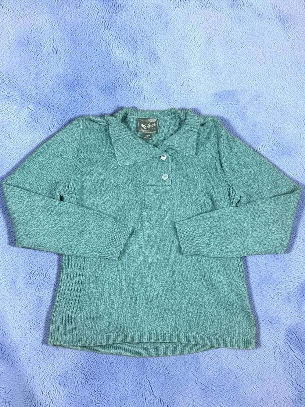 Woolrich Women's Agate Green 100% Cotton Collared Henley Pullover Sweater XL